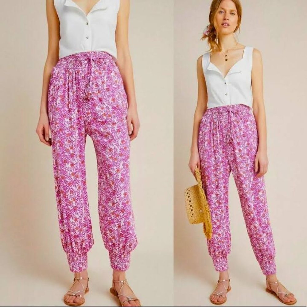 Anthropologie Pink Abstract Floral Smocked Joggers size L